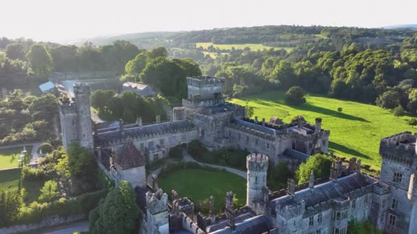 Aerial River Lawn Front Lismore Castle Tower Evening Sun Lights — Stock Video