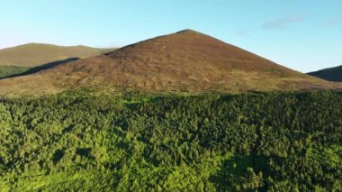 Güzel dağların hava görüntüleri. İrlanda dağları. Ormanın arka planında yüksek kahverengi dağ. İrlanda 'daki Glenveagh Ulusal Parkı. Yürüyüş için mükemmel bir yer. Gün batımında