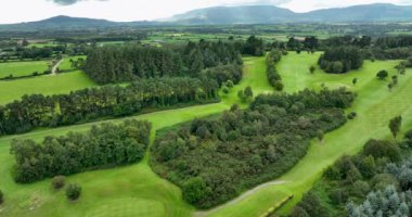 Ormandaki Dar Golf Sahası 'na havadan bir bakış açısı. Sıcak, güneşli bir gün golfçüler için mükemmel. Ufukta orman olan güzel bir golf sahası. Yaz manzarası. Özel golf sahası. Birlikte