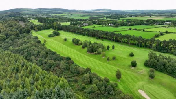 森のパノラマと緑の芝生の背の高い木 山のゴルフコース 地平線に森がある美しいゴルフコース 夏の風景 プライベートゴルフコース Tipperary アイルランド — ストック動画