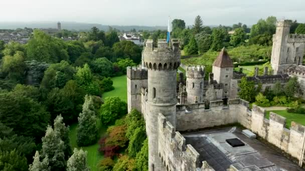 在一个风景如画的绿色城市里飞越利索莫城堡的塔楼 中世纪城堡背景下的绿色自然和一座古桥 古城堡绿树成荫 一幅风景如画 — 图库视频影像