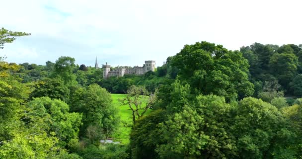 穿过树林飞向美丽的要塞 河边一座风景如画的城堡 日落时被绿树包裹着 山的城堡 树中间的城堡 树中间的城堡 — 图库视频影像