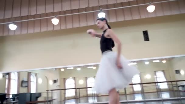 Prima Ballerina Dances Centre Hall Front Large Mirror Shows Beautiful — Stock Video