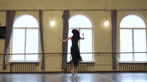 Prima Ballerina Spins One Leg Hall Backdrop Bright Windows Shows — Stock Video