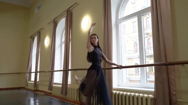 Profesyonel Bir Balerin Bale Salonunun Penceresinin Önündeki Bale Makinesinde Dans — Stok video