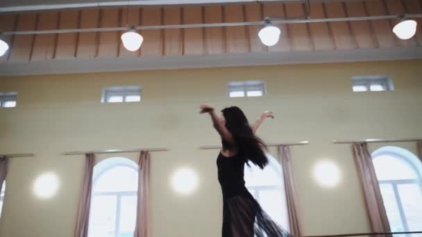 Een Prima Ballerina Draait Een Been Hal Tegen Achtergrond Van — Stockvideo
