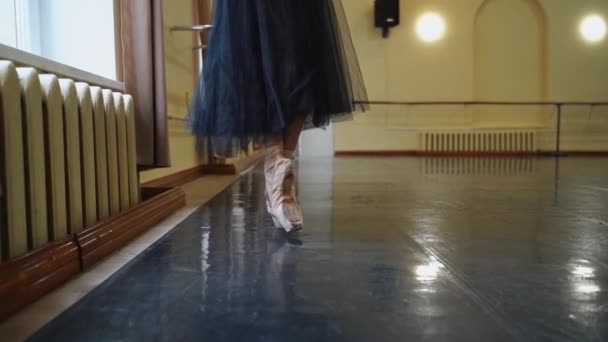 Die Beine Einer Ballerina Spitzenschuhen Tanzen Auf Dem Boden Ballerinas — Stockvideo