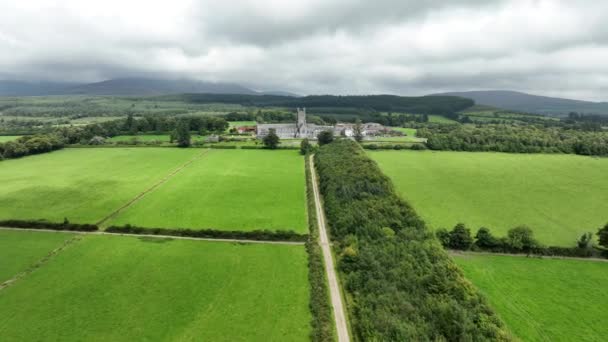 山の中にある古代の僧院 修道院の上を飛行する 山の中にある古代建築 18世紀のアイルランドの古代修道院 修道院 マウント メレイ アビー — ストック動画