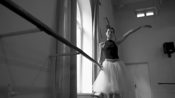 Prima Baletka Bílé Sukni Protahuje Cvičné Pozice Baletu Baletního Baru — Stock video
