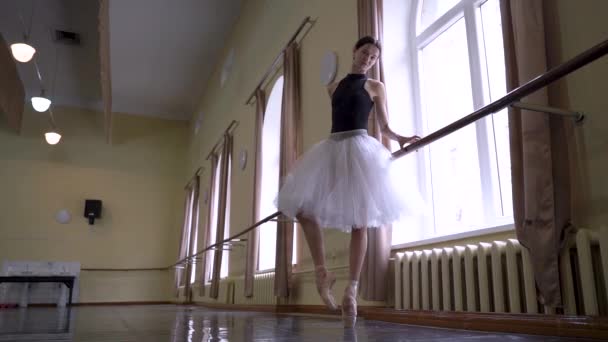 Młoda Balerina Białej Spódnicy Rozciągająca Się Ćwicząc Baletowe Pozycje Pobliżu — Wideo stockowe