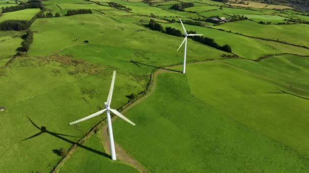 Velká Větrná Turbína Lopatkami Zeleném Poli Letecký Výhled Zeleného Údolí — Stock video