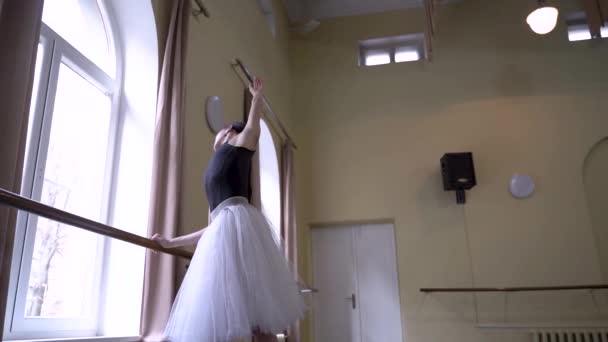 Beyaz Etekli Baş Balerin Dans Sınıfında Bale Pozisyonu Alıyor Dans — Stok video