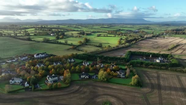 Venkovská Zemědělská Krajina Travnatými Poli Kopci Během Slunečného Dne Irsku — Stock video