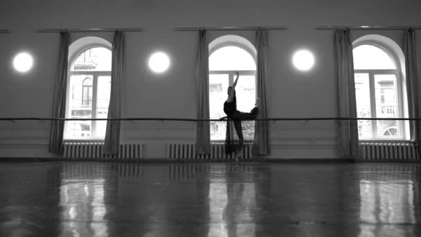 ホワイトスカートのプリマ バレリーナとポント ストレッチはダンスクラスでバレエのポジションを練習 ダンススタジオの若手ダンサー バレエクラスのトレーニング バレエスクール — ストック動画