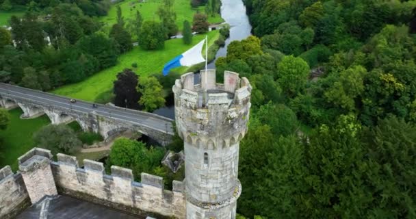 河边的白色城堡 早上被绿树包裹着 塔上飘扬着蓝白相间的旗帜 城堡塔 有旗子利索莫城堡和茂密的落叶山脉 — 图库视频影像