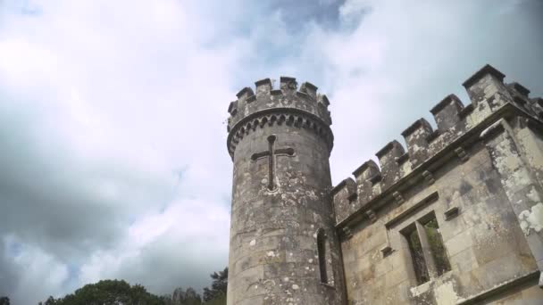 Ballysaggartmore塔 爱尔兰绿林背景下的古老大门 神秘的爱尔兰 相机飞过利斯莫尔中世纪的桥 沃特福德郡的森林 一个神秘的 — 图库视频影像
