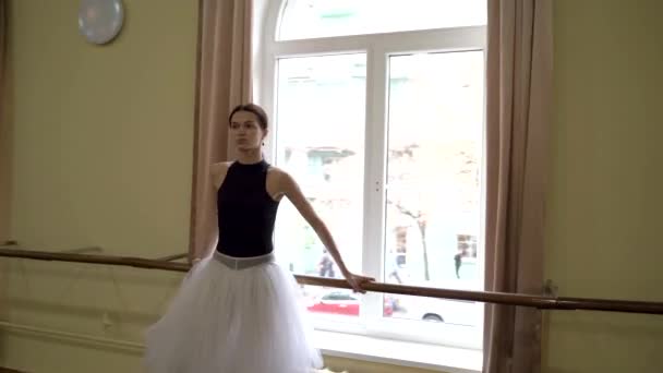 Profesyonel Bir Balerin Büyük Bir Bale Salonunun Penceresinin Önünde Bir — Stok video