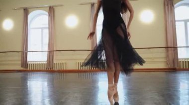 Balerin, koridorda bir bacağının üzerinde, parlak pencerelerin önünde dönüyor. Güzel dans figürleri gösteriyor. Baş balerin büyük bir salonda klasik balerin unsurlarıyla dans eder. Antrenman odası