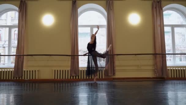 Prima Baletka Černé Sukni Špičaté Protahování Cvičení Baletních Pozic Blízkosti Videoklip
