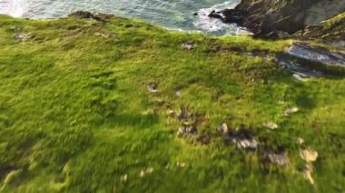 Günbatımında Kayalık Kıyı şeridi üzerinde Mavi Kuzey Atlantik Okyanusu Suyu ile birlikte Güneş 'e doğru uçuyor. Kuş Gözü Görünümü 4K Sinematik İnsansız Hava Aracı. Deniz kıyısının üstünde, gökyüzünde süzülür