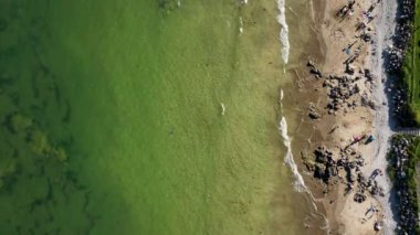 Atlantik Okyanusu 'nun arka planına karşı pitoresk bir sahil. Yeşil tarlalar ve kayalık bir plaj. Sahil şeridi. Waterford County, İrlanda. Yüksek kalite 4k görüntü