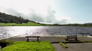 Güneşli bir günde, iki ahşap bank sakin bir göle bakar, etrafı çimenler ve ağaçlarla çevrili, izleyicileri doğa güzelliğine dalmaya davet eder. Yüksek kalite 4k görüntü