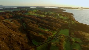 Hava manzarası, gün batımında sahil şeridine çarpıcı yeşil bir manzarayı kusursuz bir şekilde yansıtır. County Cork 'ta. İrlanda, yüksek kalite 4K görüntü 