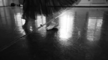 Siyah ve Beyaz. Yerde dans eden sivri uçlu ayakkabılı bir balerinin bacaklarının yakın çekimi. Büyük salonda prova yaparken balerin ayakları. Sıkı çalışma ve dans eğitimi ve klasik müzik sanatı