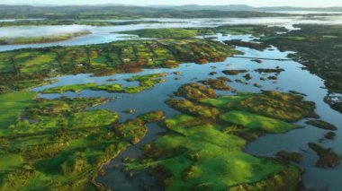 Değişik vahşi yaşam ve dolambaçlı su yollarıyla dolu canlı, yemyeşil sulak alanların nefes kesici hava manzarasını deneyimleyin. Baltimore, West Cork, İrlanda. Hava 4k. Yüksek kalite 4k görüntü