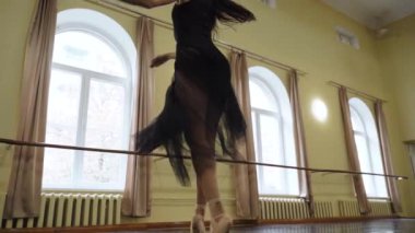 Baş balerin, bale salonunun ortasında dairesel hareketler sergiliyor. Güzel dans figürleri gösteriyor. Zarif balerin büyük bir salonda klasik balerin unsurlarıyla dans eder. Dans stüdyosu