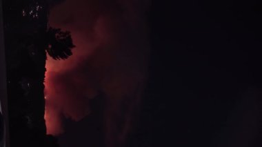 Dikey. Gece gökyüzünü parlayan kırmızı alevler ve kalın duman bulutlarıyla aydınlatan vahşi bir ateşin rahatsız edici ve dramatik bir sahnesi. Önplandaki siluetli ağaçlar buna derinlik ve karşıtlık ekler