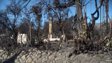 14 Ocak 2025 'te Pasadena, Kaliforniya' da çıkan yıkıcı yangından sonra. Videoda yanmış bir ev var. Yanmış bir manzaranın ortasında sadece baca var.