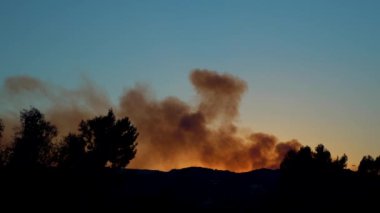 Pasifik Palisades, Los Angeles üzerinde gün batımında çıkan yangın. 13 Ocak 2025 'te çekilen video, parlayan dumanla ağaçların ve tepelerin siluetleri arasındaki çarpıcı zıtlıkları gösteriyor.