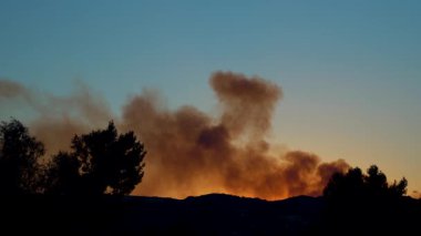 Pasifik Palisades, Los Angeles üzerindeki 4k Wildfire, gün batımında. 13 Ocak 2025 'te çekilen video, parlayan dumanla ağaçların ve tepelerin siluetleri arasındaki çarpıcı zıtlıkları gösteriyor.