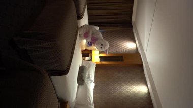 Dikey. Çekici ve eğlenceli bir otel odası, gösterişli bir Paskalya tavşanı yatağa çikolata yumurtası koyar ve eğlenceyi davet eder. Otel odasında tavşan kostümü giyen bir adam. Yüksek kalite 4k görüntü