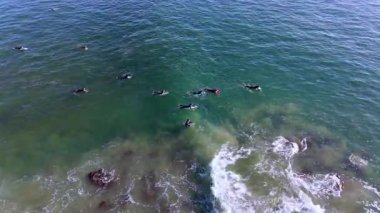 10 Ekim 2024 'te Venedik Sahili, Los Angeles, Kaliforniya, ABD yakınlarındaki temiz sularda kürek çeken bir grup sörfçüyü yüksek açılı statik hava görüntüsü. Dalgalar yavaşça kayaların üzerinde süzülüyor.