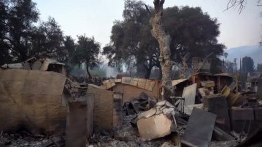 Vahşi yangınların yol açtığı geniş çaplı yıkımı, yanmış kalıntıları ve yükselen dumanı tasvir eden ilgi çekici bir sahne. Pasadena, California, ABD 'de çıkan yangından sonra yıkılan evler