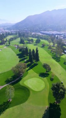 Ağaçlarla çevrili güzel korunmuş bir golf sahasının dikey dikey görüntüsü ve Kaliforniya tepelerinin zeminine kurulmuş yumuşak sabah sisi. Güneş ışığı ışığın dış hatlarını vurgular.