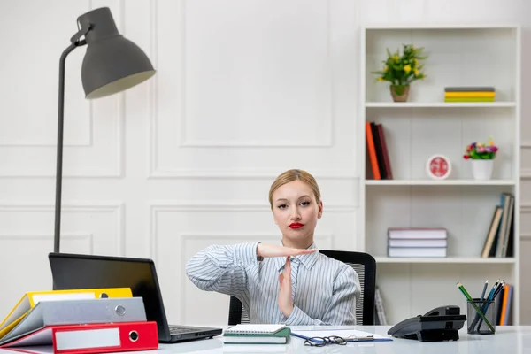 secretary in office lovely cute blonde young girl in shirt with work load finished tasks