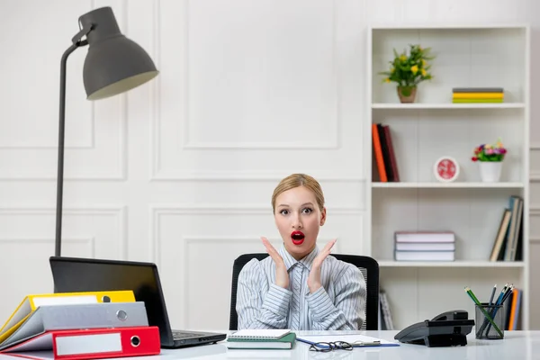 stock image secretary lovely cute blonde young girl in shirt in office with work load very shocked