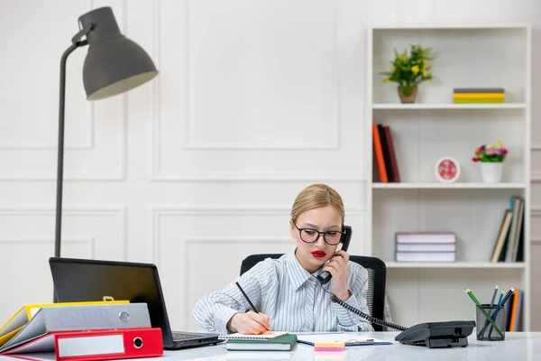Secretary Working Office Cute Lovely Blonde Young Girl Shirt Work — Stock Photo, Image