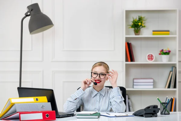 Secretary Working Office Cute Lovely Young Blonde Girl Shirt Work — Stock Photo, Image