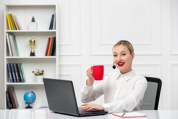 Customer Service Cute Blonde Girl Office Shirt Headset Computer Holding — Stock Photo, Image