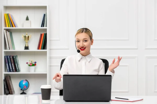 Customer Service Cute Blonde Girl Office Shirt Headset Computer Pointing — Stock Photo, Image