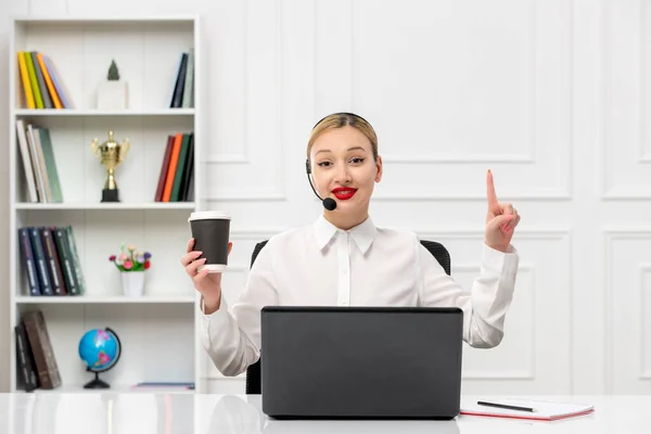 Customer Service Cute Blonde Girl Office Shirt Headset Computer Pointing — Stock Photo, Image