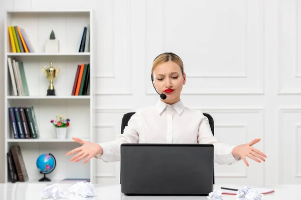 Customer Service Cute Blonde Girl Office Shirt Headset Computer Waving — Stock Photo, Image