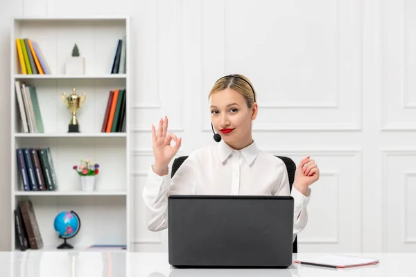 Customer Service Cute Woman White Shirt Headset Computer Showing Gesture — Stock Photo, Image