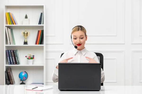 Customer Service Cute Woman White Shirt Headset Computer Pointing Herself — Stock Photo, Image