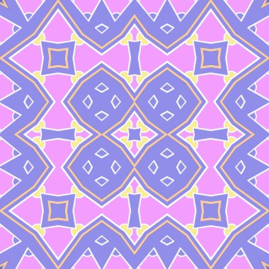 Menekşe ve pembe renklerdeki canlı geometrik desen, simetri ve soyut formlarla enerjik bir görsel etki yaratıyor. Oyuncu ve modern tasarım.