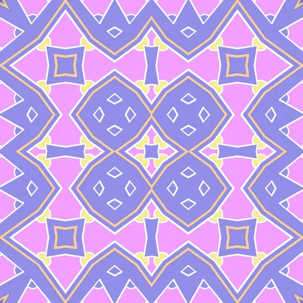 Menekşe ve pembe renklerdeki canlı geometrik desen, simetri ve soyut formlarla enerjik bir görsel etki yaratıyor. Oyuncu ve modern tasarım.